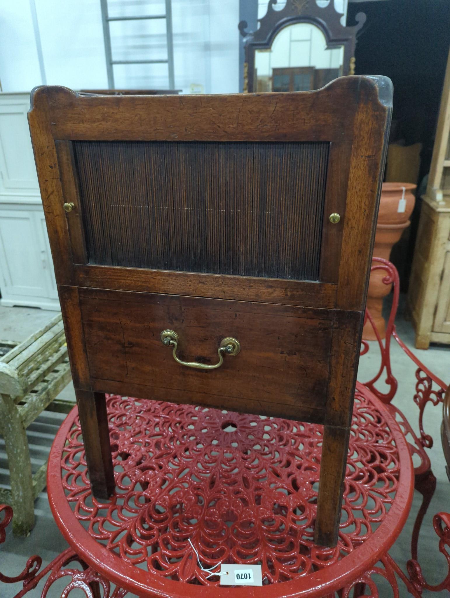 A George III mahogany tray top tambour bedside cabinet, width 49cm, depth 43cm, height 77cm